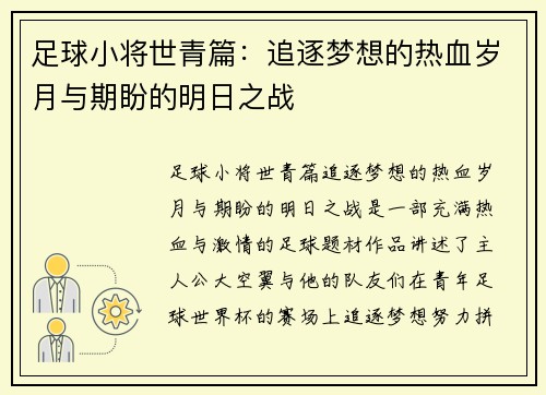 足球小将世青篇：追逐梦想的热血岁月与期盼的明日之战