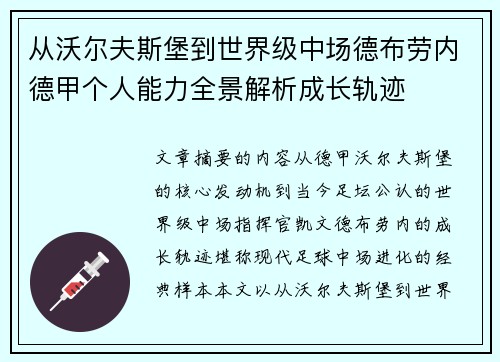 从沃尔夫斯堡到世界级中场德布劳内德甲个人能力全景解析成长轨迹 从沃尔夫斯堡到世界级中场德布劳内德甲个人能力全景解析成长轨迹