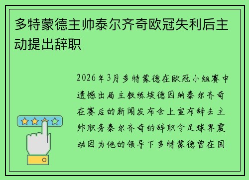 多特蒙德主帅泰尔齐奇欧冠失利后主动提出辞职